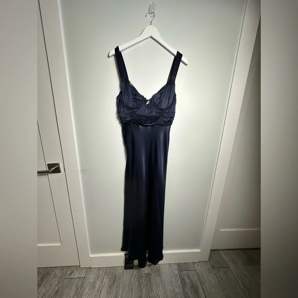 NEW Astr Aeris Satin Lace Trim Maxi Dress Navy Sz Medium Bustier Corset Feminine - Picture 9 of 17